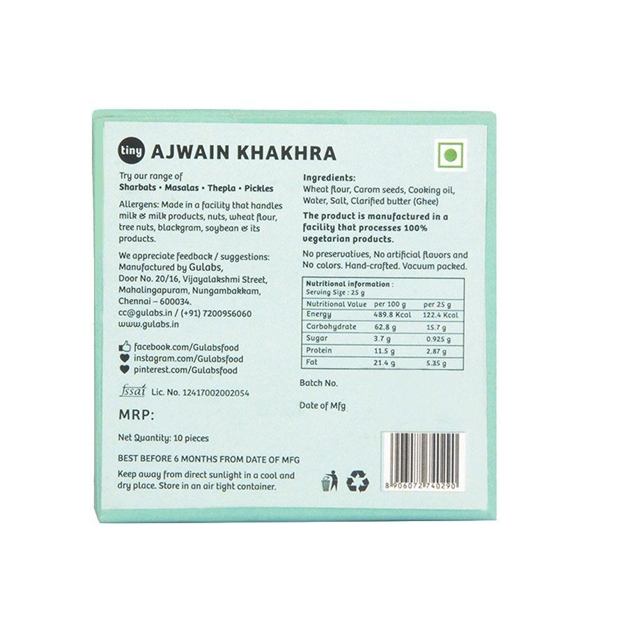 Gulabs Tiny Ajwain Khakhra Carom Seed Seasoned Wheat Crisps   Box  10 pcs